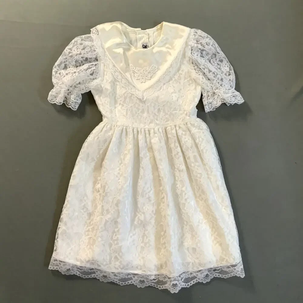 Jo Lene Girl's White Dress Flower Girl Baptism Communion Lace Size 8 M74323 vtg